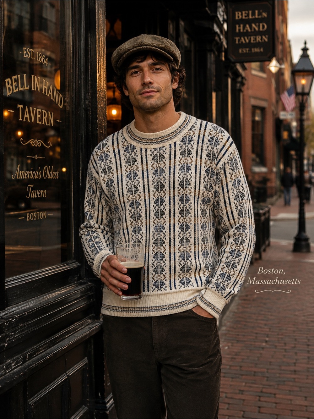 Alexander Julian Cream and Navy Patterned Fair Isle Crewneck Sweater
